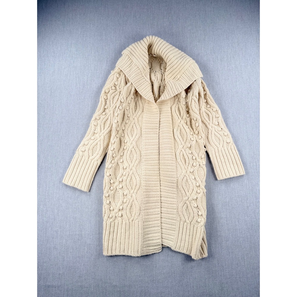 Lou & Grey Cream Cable Knit Pom Pom Shawl Collar Open Cardigan Sweater XS